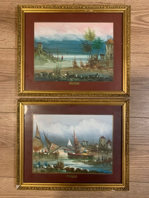 Pair Vintage Coastal Harbor Paintings Signed E. Balzak Mid Century Original Art