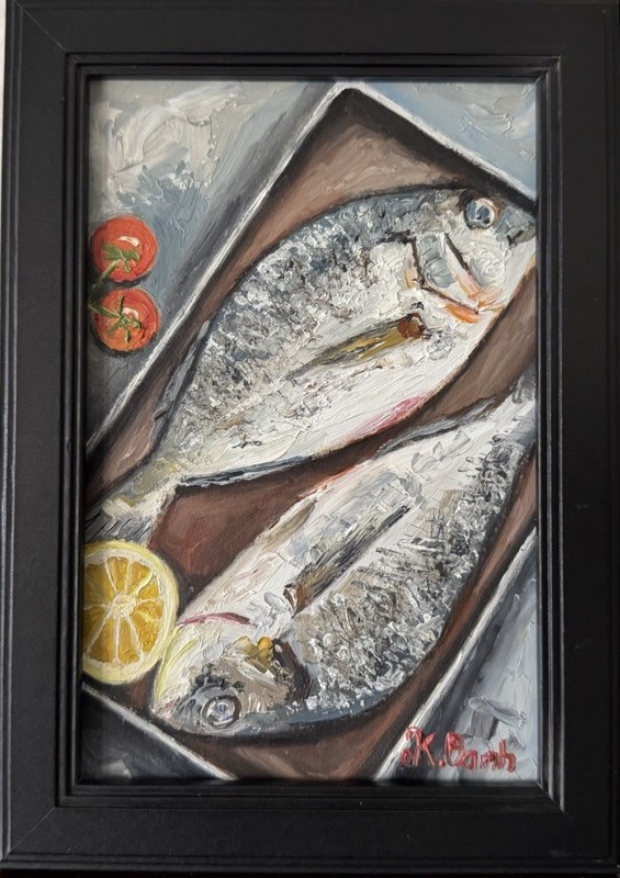 ORIGINAL OIL PAINTING STILL LIFE FISH SIGNED FRAMED 4×6