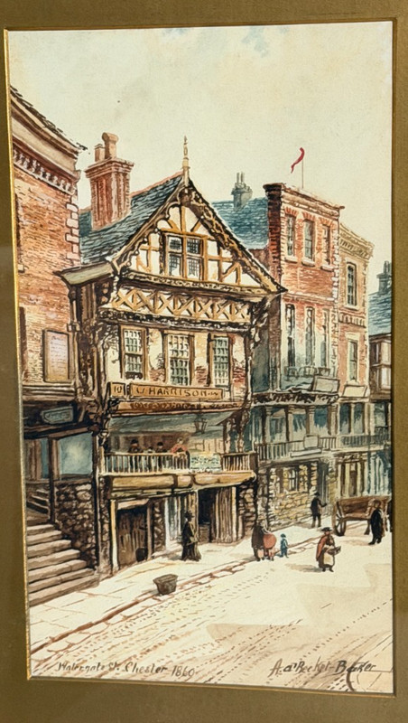 19thC Antique British Original Watercolor Painting signed framed Townscape 1860