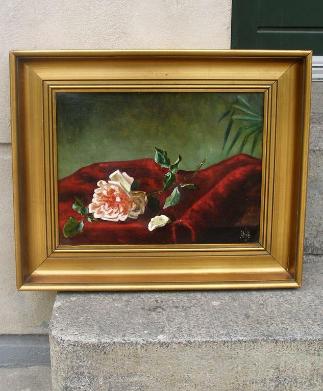 Fine still-life. Pink rose on a red velvet cloth. Ca 1880. Signed.