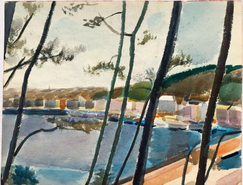 Lakeside Trees & Houses Watercolor Painting-1970s/80s-Israel Louis Winarsky