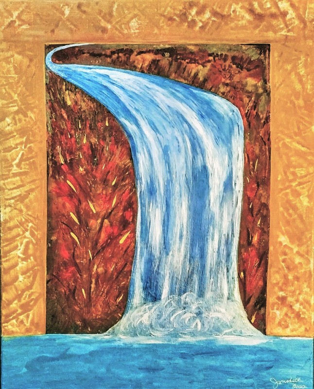 PAINTING, ENTITLED; ‘CASCADE D’AUTOMNE’, WATERCOLOR, STRETCH CANVAS,FREESHIP
