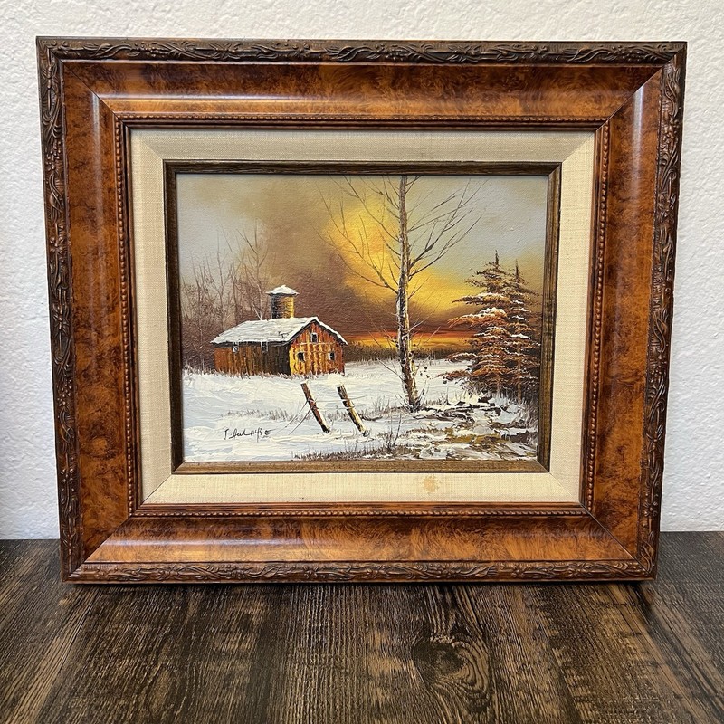 Beautiful Original Signed Artist J. AuLaire Oil Painting Winter Barn Country