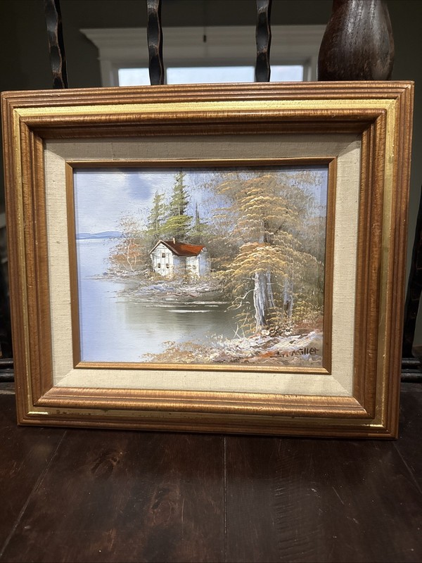Vintage Acrylic Mountain House on the River Painting Picture Signed 13″ x 15″