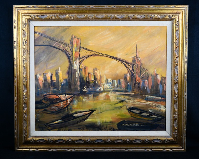 Vintage Framed Original Expressionist Cityscape Oil on Canvas «Brooklyn Bridge»