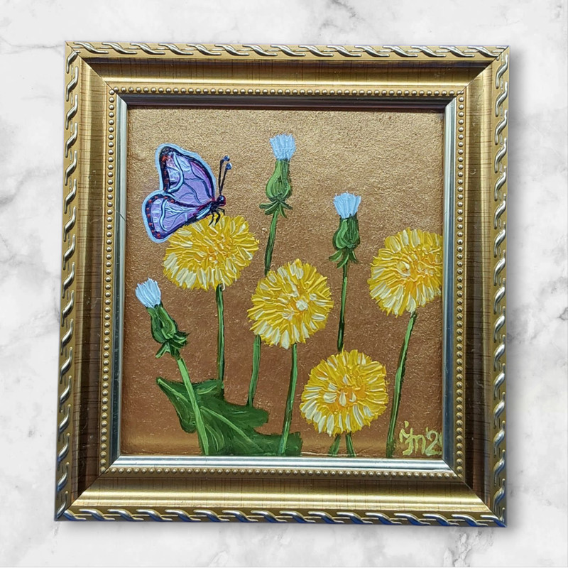 Dandelions Butterfls Original Painting Wildflowers Gold Framed Small Wall Art