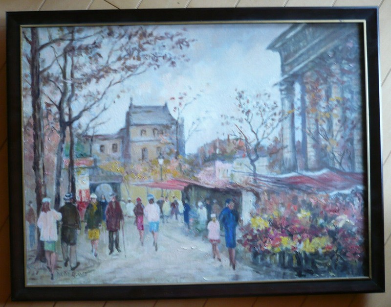 MARGARET MCDOWD LISTED MODERNIST CITY CITYSCAPE FLOWER VENDOR MARKET VINTAGE OIL