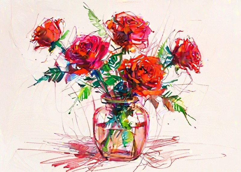 ACEO Mini *Art Print* Still Life & Glass Vase with Red Roses Flowers by Saulite