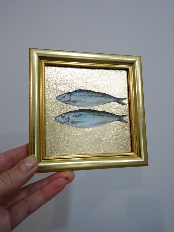 Sardines oil painting framed, Original art work, Gold foil art