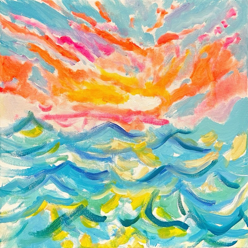14x14 “Waves Sunset” Neo-Expression Impressionism Unique Colorful Abstract Art gallery
