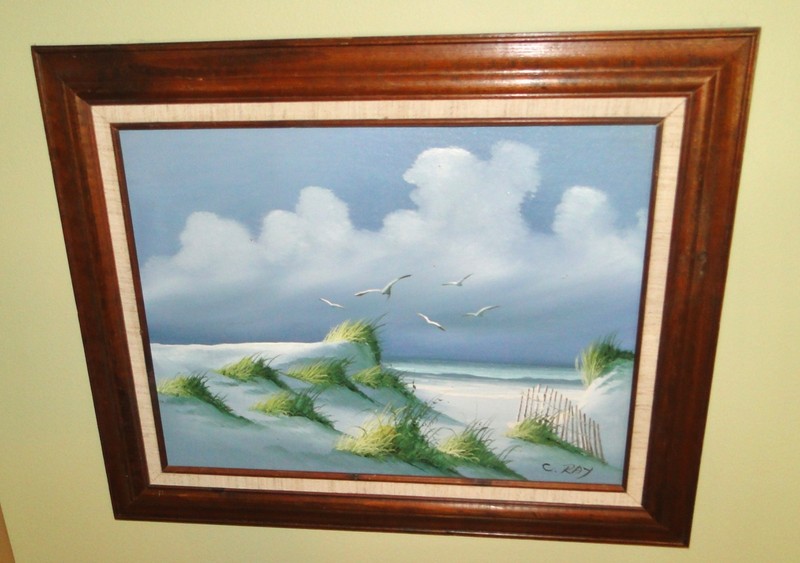Vintage Original SEASCAPE OIL PAINTING Seagulls Clouds Beach Signed C. Ray