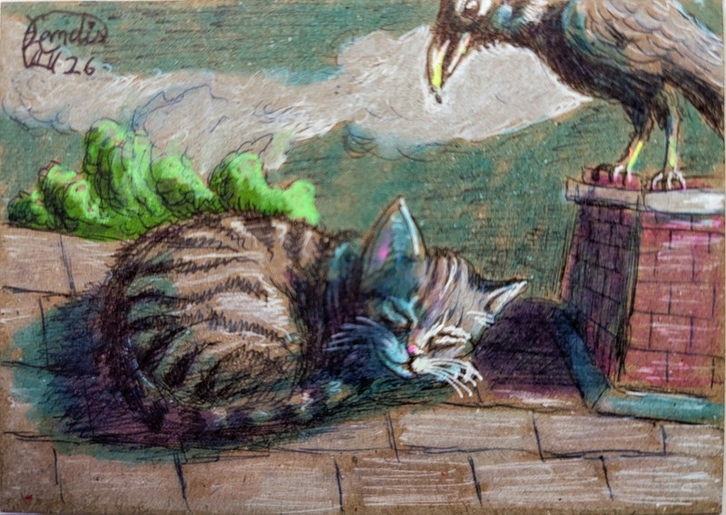 Jacob Landis WHIMSY HANDMADE ORIGINAL ACEO Sketch Kittens Cats "Tug Of War" gallery
