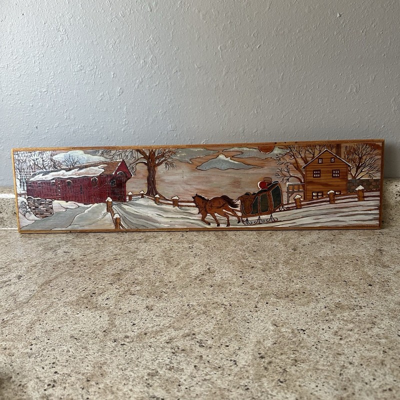 Folk Art Winter Scene Horse Sleigh Ride Hand Carved Wood Painting Signed ‘94