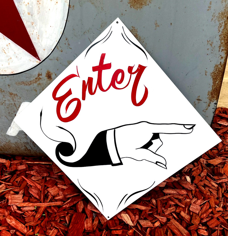 VTG Original by Hotrodsigns HAND PAINTED Pointing Finger Enter Entrance SIGN Art