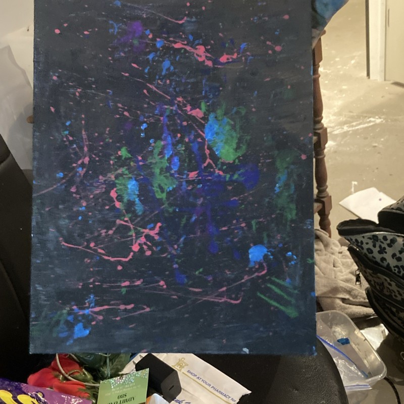 Abstract Splatter Painting Medium Unframed on Canvas/Board Blue Green Pink Black