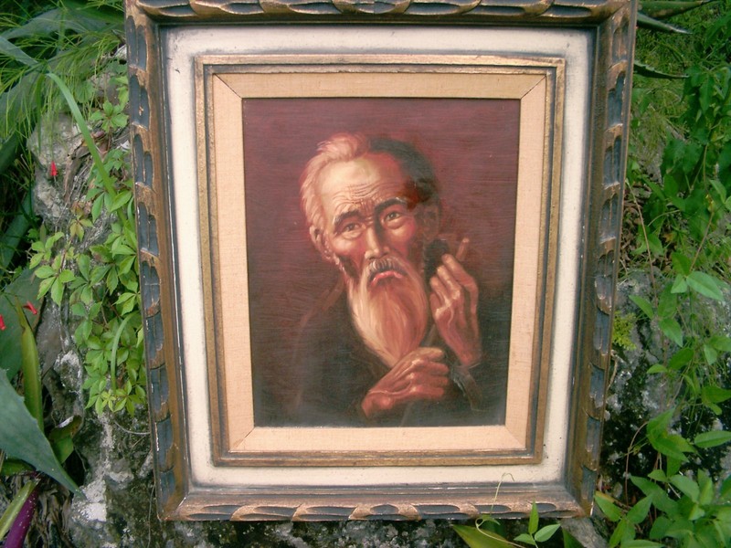 ASIAN WISE WITH STAFF OIL PAINTING & FRAME 23 X 18.5 SIGNED