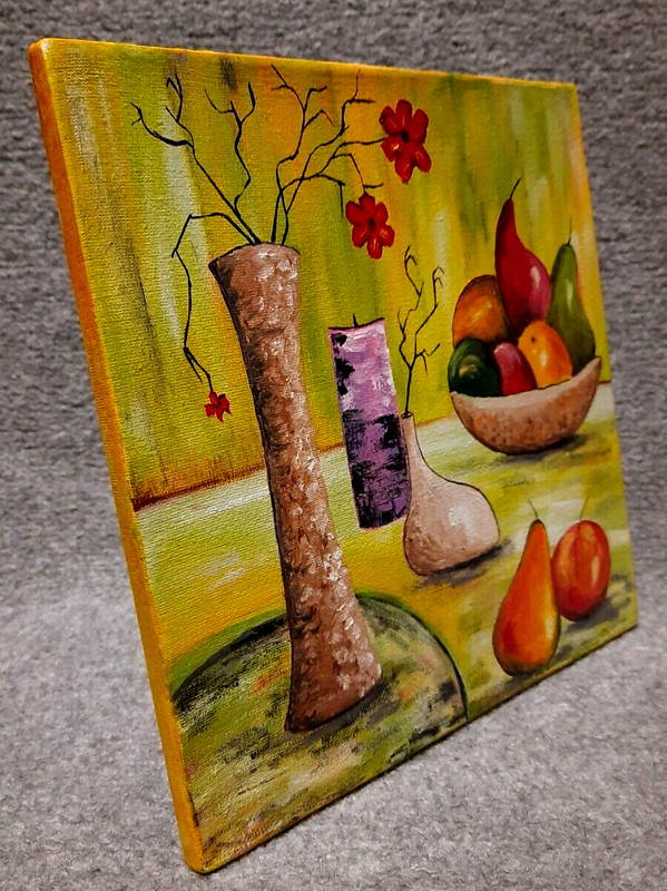 Fruits and flowers in a vase on the table.Original oil painting on canvas 10x10" gallery