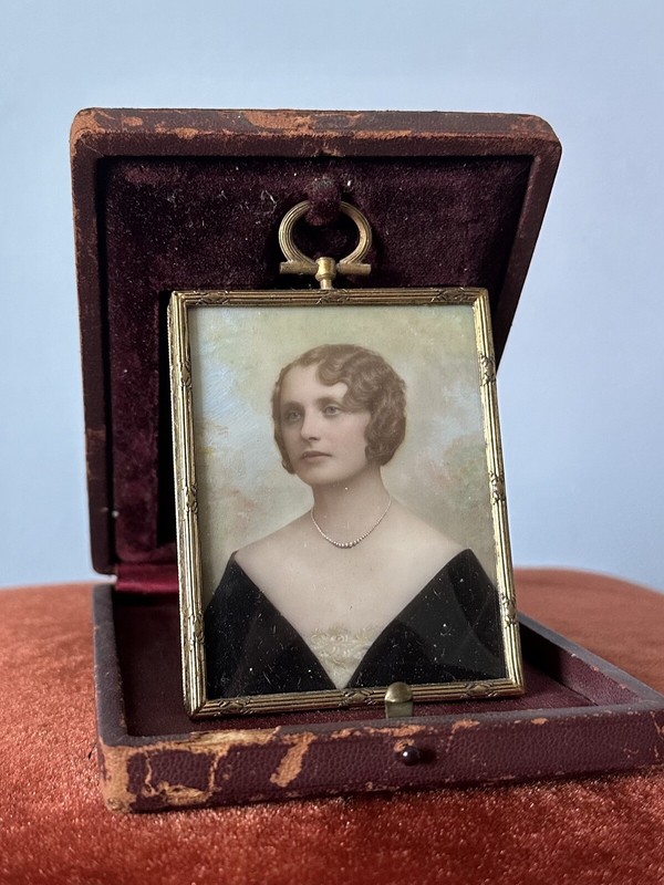 Rare 1930s Art Deco Framed Signed Hand Painted Portrait on Glass in Leather Case gallery