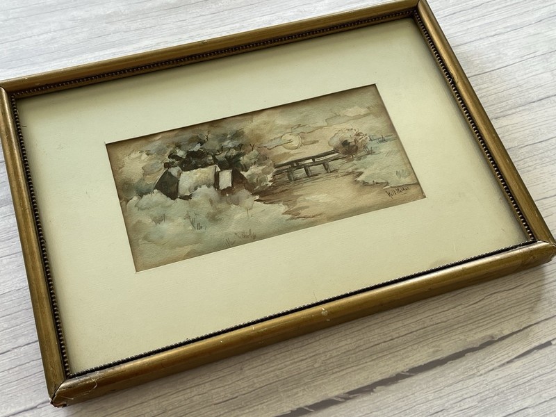 Antique Gold Framed Landscape Original Watercolor Painting Signed Nell Walker gallery