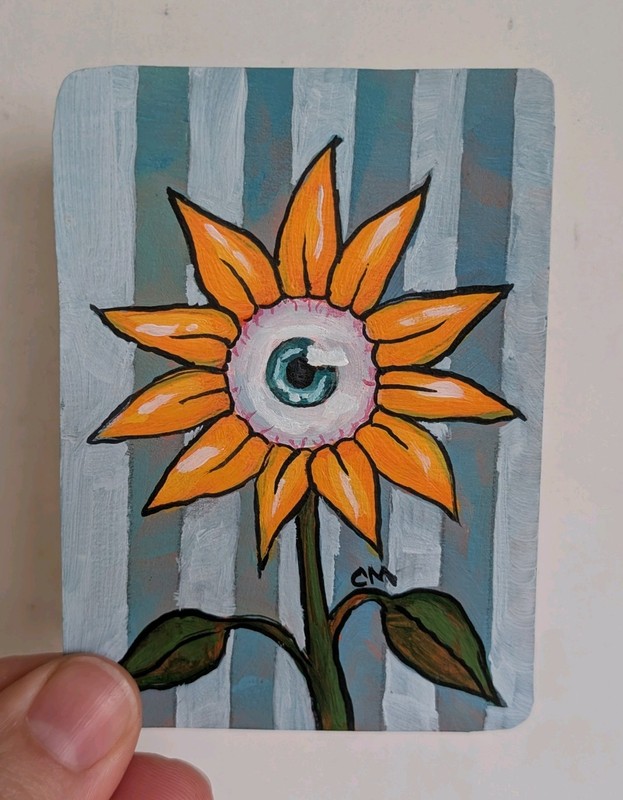 ACEO Original Whimsical Eye Flower Acrylic Painting Hand Painted Art Card