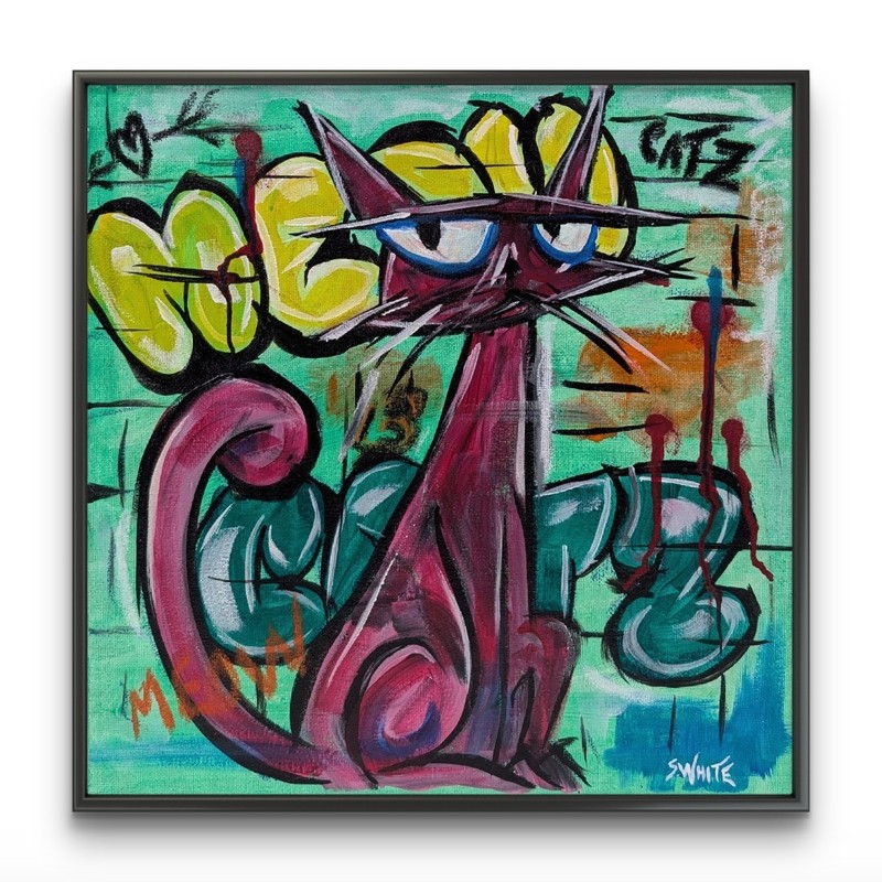 Basquiat Style Graffiti Cat 12×12 Neo Expressionism Art Original Painting SWhite
