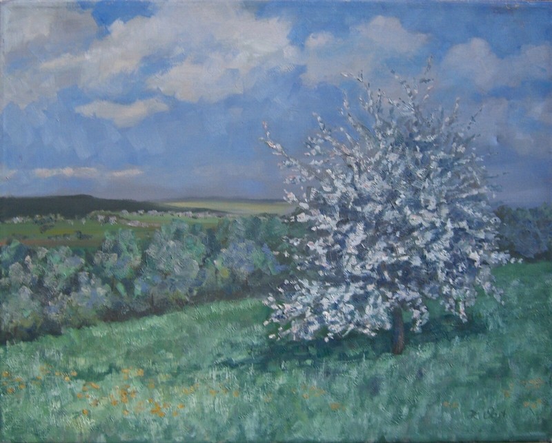 H. VOGT OIL PAINTING 50 cm X 40 cm Used Fields Blooming Tree SIGNED DATED 1988