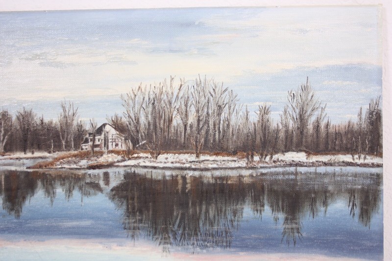 Winter Lake Cabin Houses Lake Reflecting Clouds 16x20 Oil Painting Sandie 1982 gallery