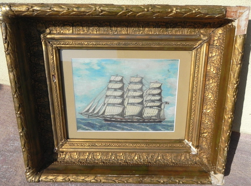 Antique clipper ship watercolor & mixed media painting old gold frame 19th cent.
