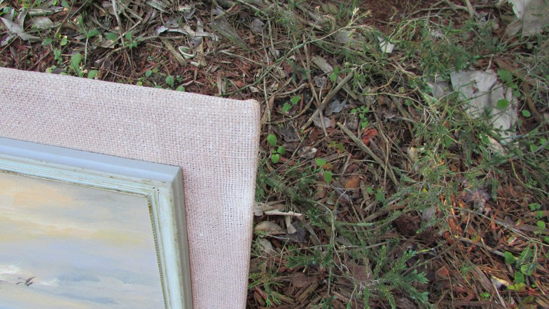 MID CENTURY ART OIL ON CANVAS TIKI BEACH SCENE BURLAP FRAME EDNA CLARKE gallery