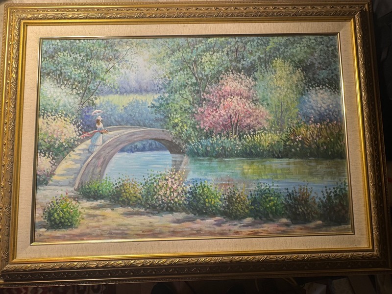 Huge W Hodges»Girl On Stone Bridge Scene» Oil Painting – Signed And Framed