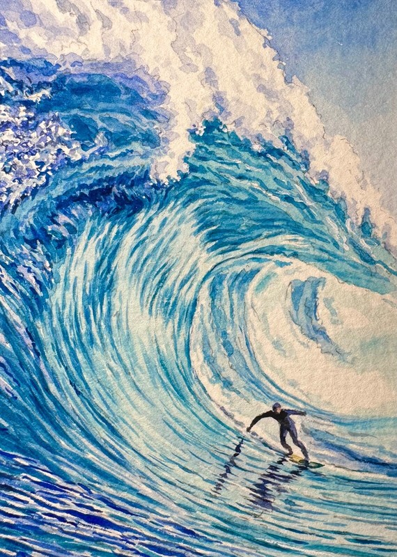 Watercolor Painting Ocean Waves Surfing Sport Art No.130