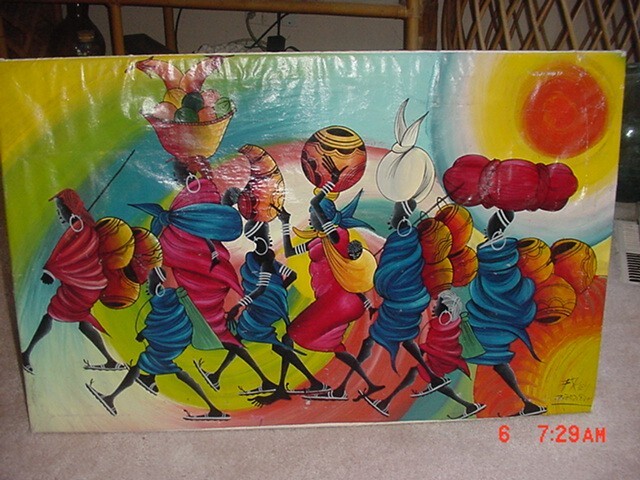 COLORFUL MARKET SCENE BLACK WOMEN F. REY ZANZIBAR AFRICA PAINTING ON CANVASS