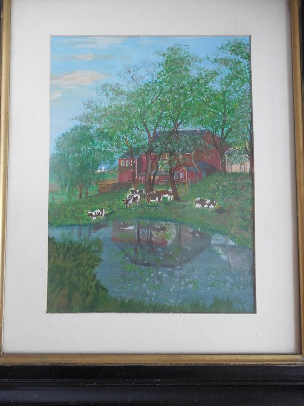 Vintage Farm scene Original Acrylic painting framed 20" x 16 3/4" by Lal ?
