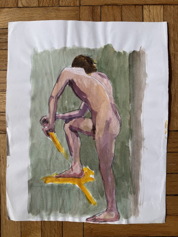 Vintage Watercolor Painting Man on Ladder Peter Feldman Gay Int 11×14 OOAK