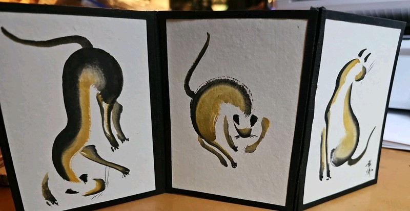 Japanese watercolor triptych featuring stylized cats Vintage Trifold 11×5