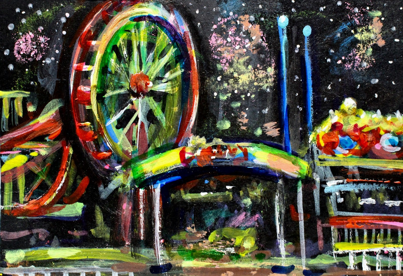 ORIGINAL ACEO Painting CARNIVAL Fair Amusement Park Fireworks Rides Fun ATC ART