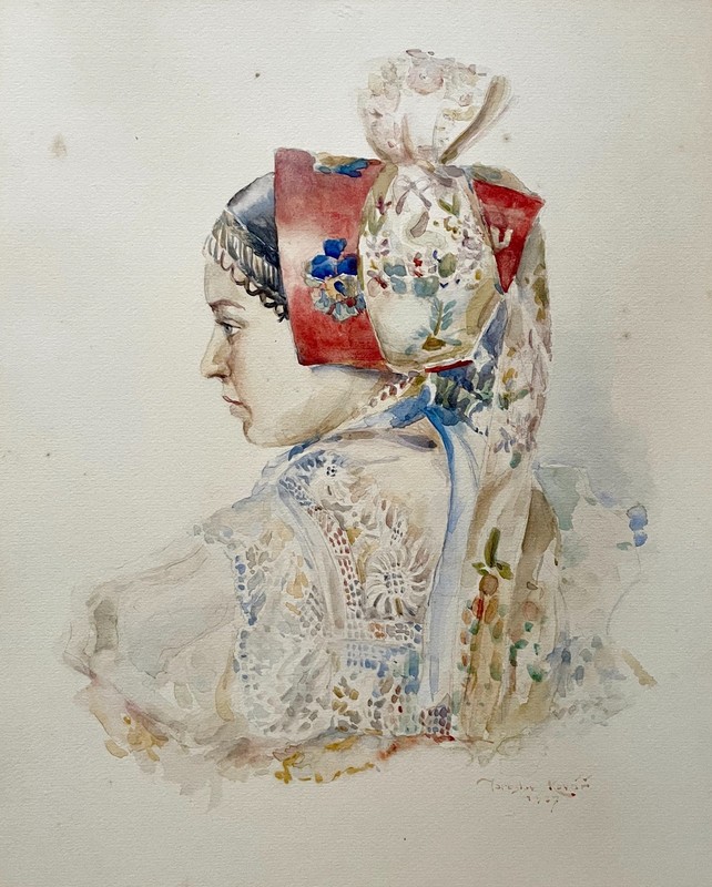 Profile of a young woman, Eastern European school, watercolor, signature to…