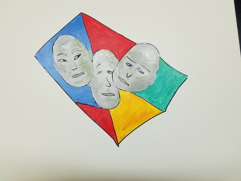 Original Abstract Painting On Paper Signed by Artist, Three Faces Portrait OAAK