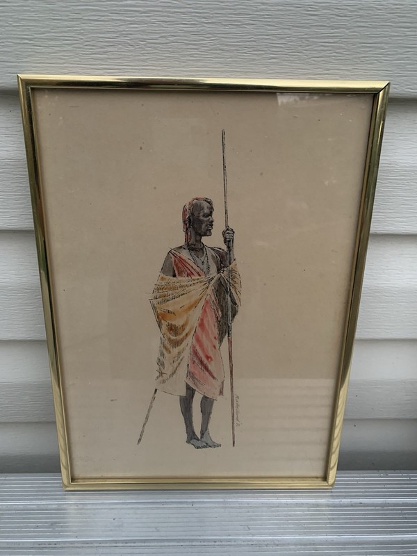 ORIGINAL Framed & Signed AFRICAN Tribe Kenya Maasai Warrior WATERCOLOR Painting