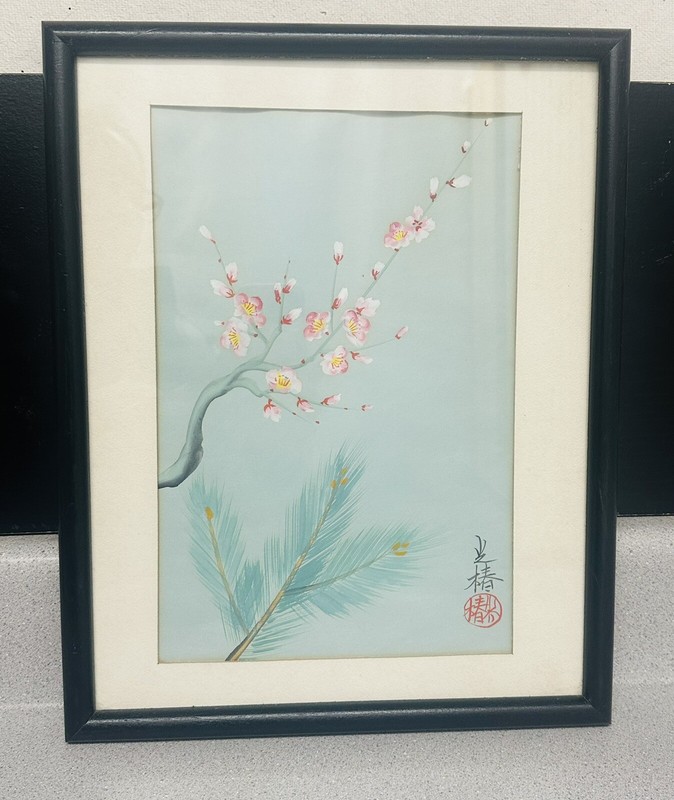 Beautiful Vintage Japanese Water Color of Cherry Blossoms in Flowering Signed