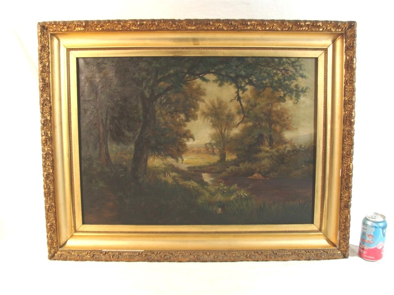 Antique 19C Woodlands River Landscape O/C Painting
