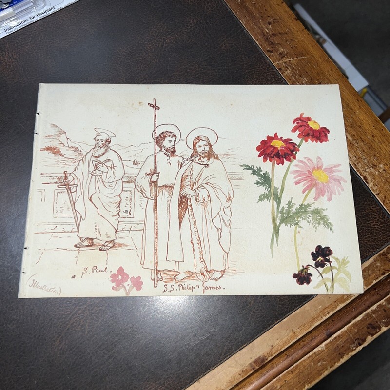 1890-1920s Original English Watercolor Painting 10×7 J.G.S. Religious Flowers