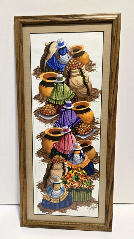 Vintage Original Watercolor Painting Village Market Women Signed 21.5″ T Signed
