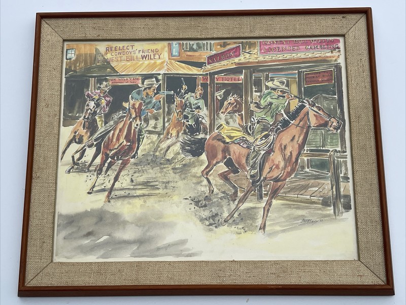 OLD WEST PAINTING COWBOY GUN FIGHT SALOON TOWN HORSE LISTED AMERICAN SLATTERY