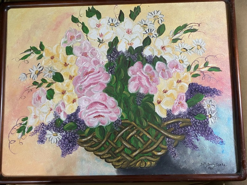 Betty Berry Spatz 1986 «Basket Of Flowers Scene» Oil Painting – Framed/Signed
