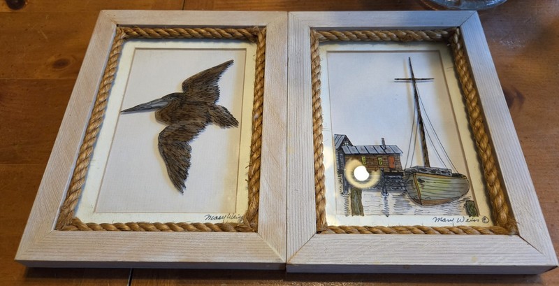 2 Signed Mary Weiss Reverse Painting Nautical Theme Sail Boat And Pelican