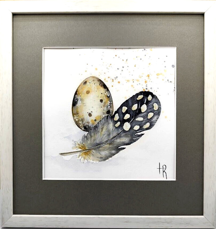 Original Watercolor Painting 11x11in Framed Egg and Feather, Modern Home Decor