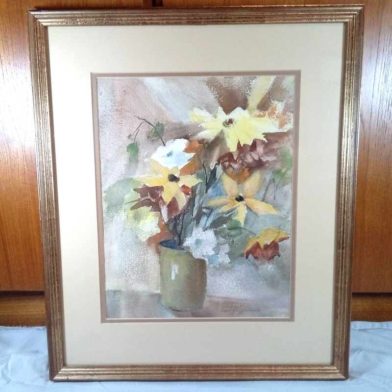 Watercolor Flower Bouquet in Pot Still Life Framed Artist Signed 21″ x 18″