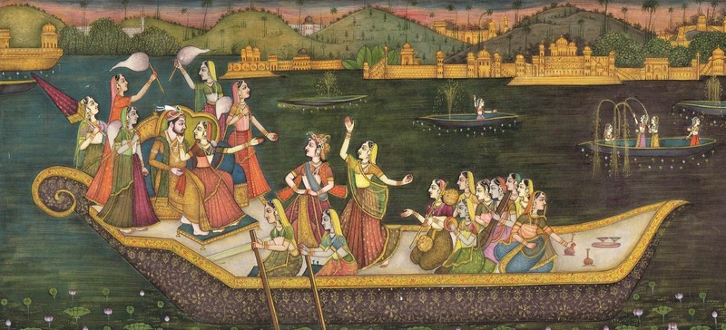 Indo-Persian Miniature – Royal Couple on Boat, Dancers & Musicians Scene15.5X8" gallery