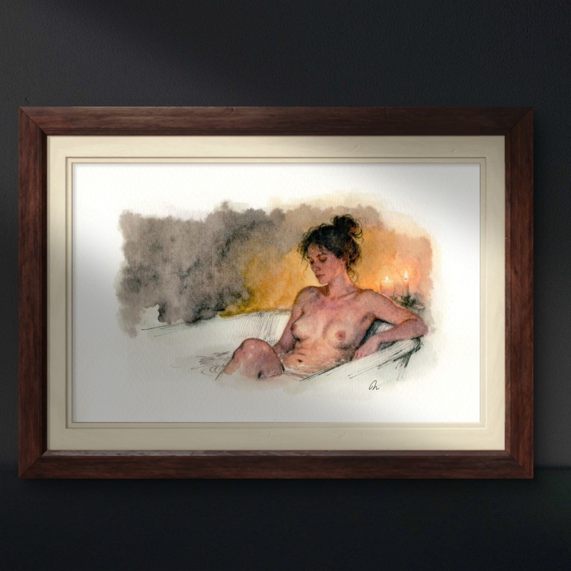 Original Nude Watercolor Female Bath Figure Study Candlelight 5.5x8.5 Signed gallery